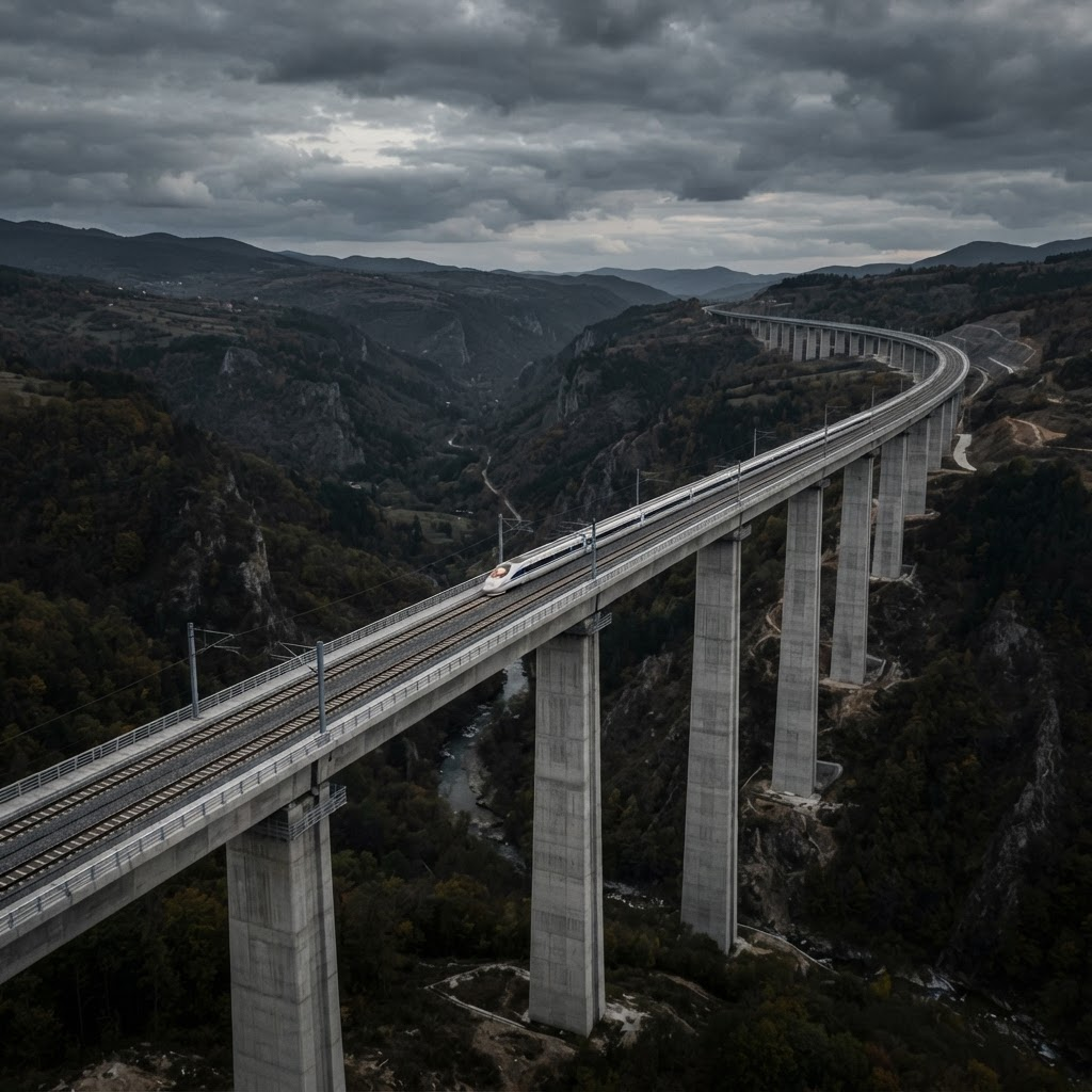 Viaducto ferroviario de gran luz cruzando un valle