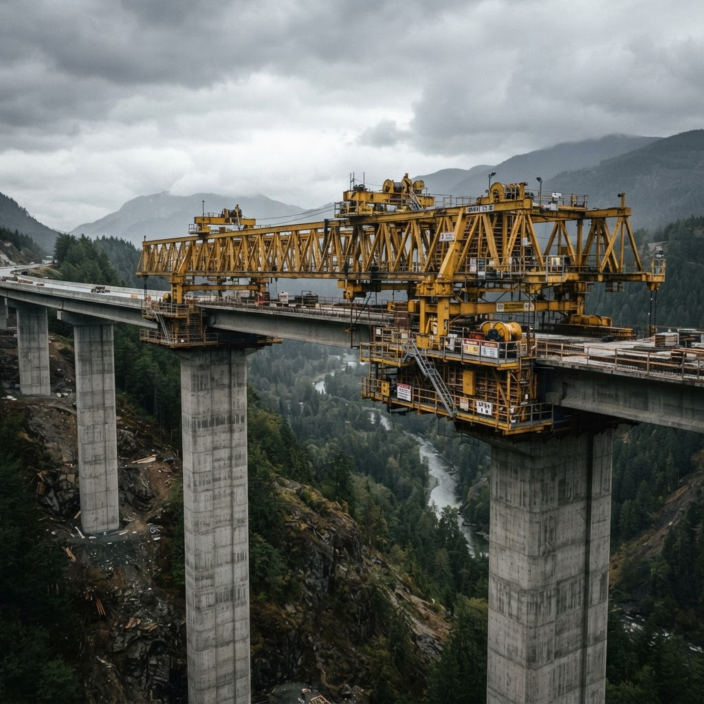 Carro de voladizo y cimbra sobre un viaducto en construcción